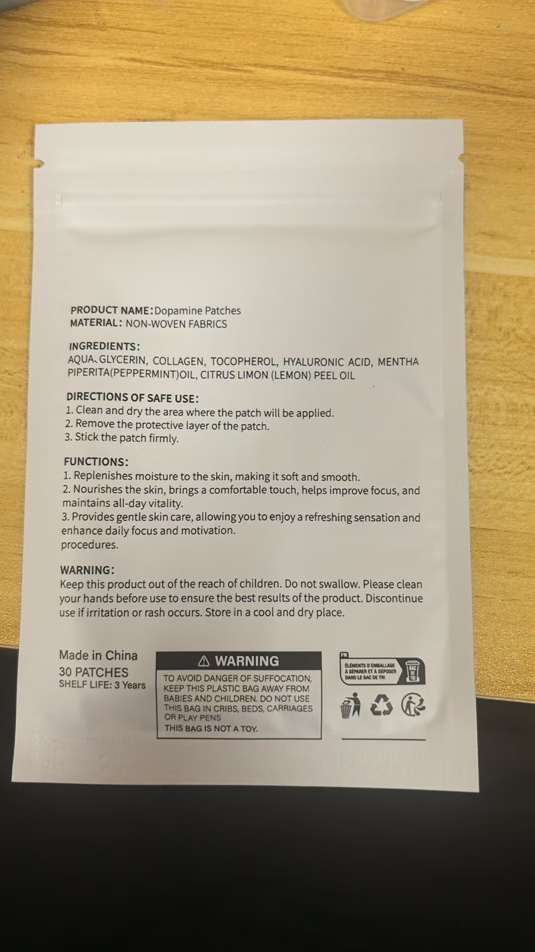 Supplied ingredient and warning label